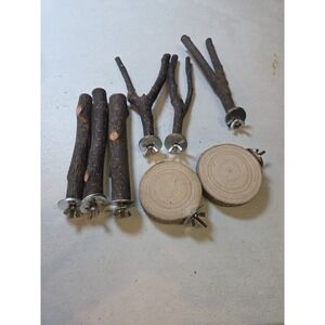 8-Piece Natural Wood Bird Perches Set - Multi-Branch Platform and Swing